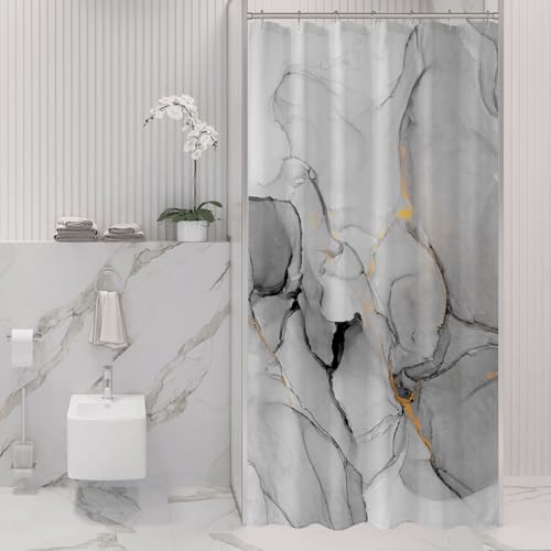 Gibelle Small Stall Shower Curtain 36 x 72, Narrow Half Abstract Grey Marble Shower Curtain, Modern Ink Art Waterproof Fabric Shower Curtain Set