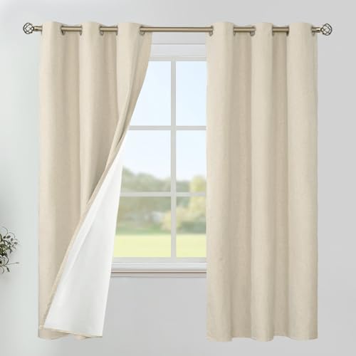 YoungsTex Natural Linen 100% Blackout Curtains 63 Inches Long, Thermal Insulated Black Out Drapes with Grommet Full Room Darkening for Living Room Bedroom Windows, 2 Panels, 42 X 63 Inch