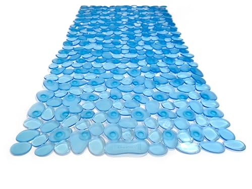 TIKE SMART ???Pebbles??? Non-Slip Bathtub/Shower Mat 27.5???x14??? Rectangular, Non-Toxic, Safe, Clean, Machine-Washable, Superior Grip & Drainage, Vinyl, for Smooth Floors ONLY, Transparent Light Blue