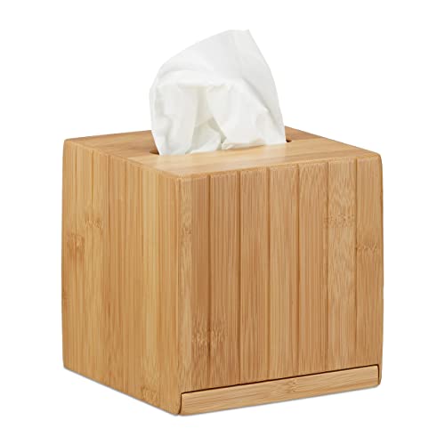 Relaxdays Square Facial Tissue Box, Wooden Bamboo Cosmetic Tissue Dispenser, Cover, HWD: 14 x 14 x 14 cm, Natural