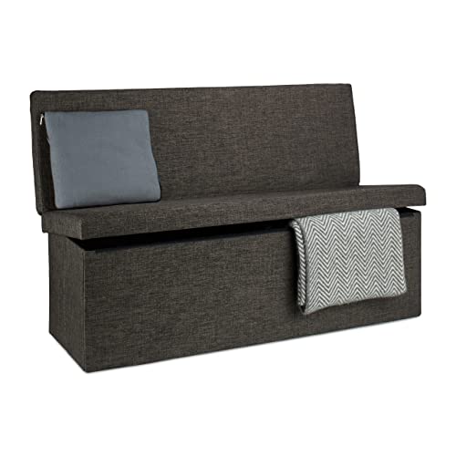 Relaxdays Folding XL Storage Ottoman with Seat Back, 73 x 114 x 38 cm Sturdy Footstool Bench Linen with Removable Lid, Brown