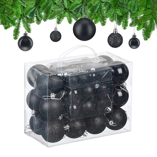 Relaxdays Christmas Baubles, Set of 50, Tree Ornaments, Holiday Decorations, Plastic, Glittery, Matte & Shiny, Black