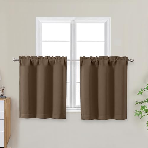 "OWENIE Brown Kitchen Curtains 30 Inch Length, Short Blackout Small Thermal Insulated Curtains Tier Over Sink Rod Pocket Half Window for Bathroom Bedroom Camper RV Bunk, 2 Panels, Each 30"" Wx30 L"