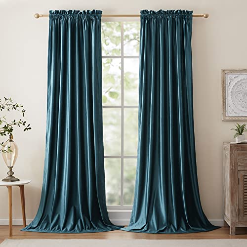 Teal Velvet Curtains 108 inches for Living Room Luxury Room Darkening Noice Reducing Curtain Elegant Bedroom Thermal Insulated Modern Bluish Green Heavy Soundproof Rod Pocket Window Drapes 2 Panels
