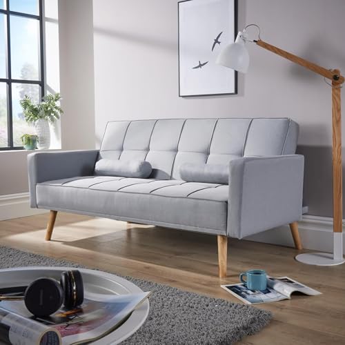 Home Source Double Folding Sofa Bed Couch, Fabric, Grey Silver, Wooden Legs