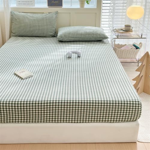 "LifeTB Green Gingham Fitted Sheet King 1 Piece Plaid Bedding Sheet Soft 100% Washed Cotton Grid Single Bottom Sheet Green Gingham Bed Sheet Cotton Mattress Cover 15"" Deep Pocket Farmhouse Grid Sheet"