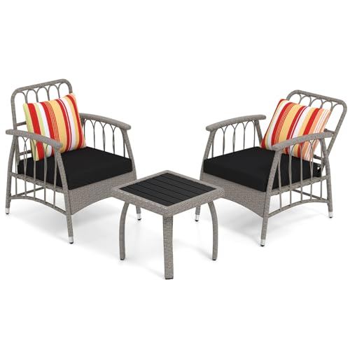 RELAX4LIFE 3 Piece Outdoor Rattan Bistro Set, Wicker Garden Furniture Set with 5-Level Adjustable Backrests & Cushions, Conservatory Coffee Table and Armchairs for Porch Yard Balcony