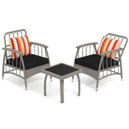 RELAX4LIFE 3 Piece Outdoor Rattan Bistro Set, Wicker Garden Furniture Set with 5-Level Adjustable Backrests & Cushions, Conservatory Coffee Table and Armchairs for Porch Yard Balcony