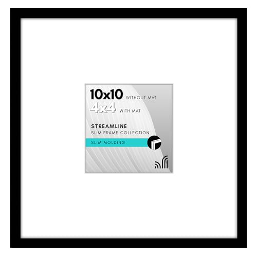 Americanflat 10x10 Picture Frame with Shatter-Resistant Glass - Use as 4x4 Frame with Mat or Display 10x10 Photo Without Mat - Streamline Collection - Square Frames for Tabletop or Wall - Black