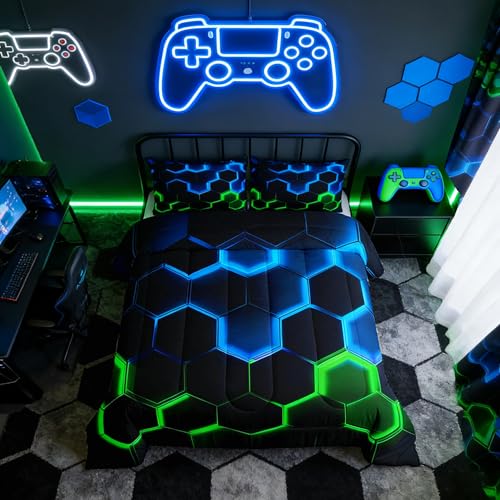 Castle Fairy Honeycomb Bedding Comforter Set Queen Size,Hexagon Theme with Green Blue Neon Lights Quilt Set,Boys Teen Man Chic Creative Home Bedding Set 3pcs Duvet Insert with 2 Pillowcases,Black