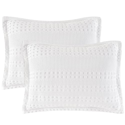 "PHF 100% Cotton Ruffle Waffle Pillow Shams King Size, 2 Pack 20"" x 36"" Soft Skin-Friendly Pillowcases, No Filling, Aesthetic Home Decor, Breathable Waffle Weave Bed Pillow Covers, White"