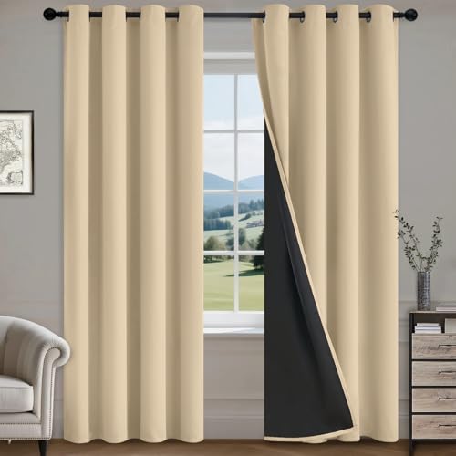 COSVIYA 100% Blackout Curtains for Bedroom with Black Liner, Full Light Blocking Thermal Insulated Grommet Window Treatment 84 Inches Length, Beige, 2 Panels