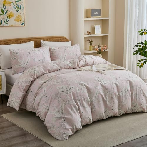 Cozeline Duvet Cover Set Queen Size 100% Nature Cotton Pink Floral Leaf Pattern Duvet Cover Set 3 Pieces Soft & Breathable Bedding Set with Zipper Closure & Corner Ties