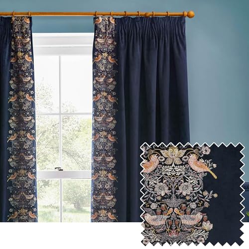 Morris&Co. Strawberry Thief Pencil Pleat Curtain Pair – Iconic Bird & Floral Embroidered Lined Velvet Drapes (Indigo - 168x183cm)