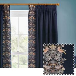 Morris&Co. Strawberry Thief Pencil Pleat Curtain Pair – Iconic Bird & Floral Embroidered Lined Velvet Drapes (Indigo - 168x183cm)