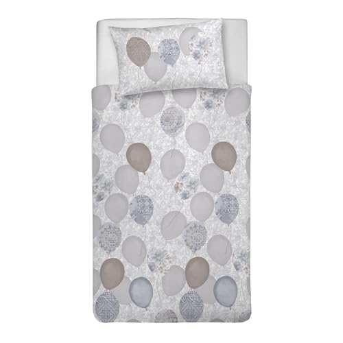 PENSIERI DELICATI Single Duvet Cover Set, 100% Cotton, Complete with 155 x 200 cm Bag and 1 Pillowcase 52 x 82 cm, Made in Italy, Duvet Cover Machine Washable At 40 Degrees, Beige Balloons Design