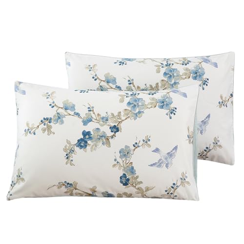 "WINLIFE 100% Cotton Pillowcases King Size Blue Floral & Birds Printed Pillow Cover 2 Pack, Super Soft Envelope Closure King Pillow Case Set (King, 20""x36"")"