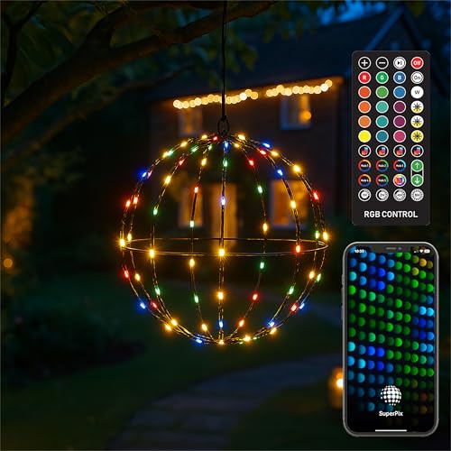 XMAS HAUS RGB 300mm Christmas Hanging Ball Light, Indoor and Outdoor Use, Remote and App Control, PSU, 3m Lead, Colour and Pattern Change, Festive Seasonal Decoration Black