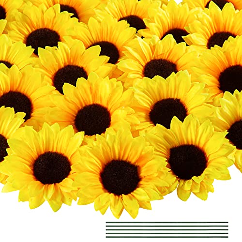 "Coferset 40pcs Fake Sunflower Heads with Stems, 4"" Sunflower Artificial Flower Heads,Silk Sunflowers Heads for Party Baby Shower Wedding Decoration DIY Handicrafts Thanksgiving Decor (Yellow)"