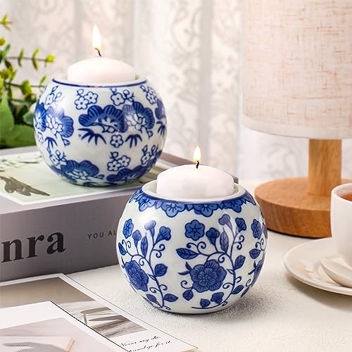 Soaoo 2 Pack Blue and White Candle Holders Chinoiserie Decor Porcelain Tealight Candleholders Votive Candle Holders for Holiday, Wedding, Party Table Centerpiece Home Decor, 1.85 x 2.75