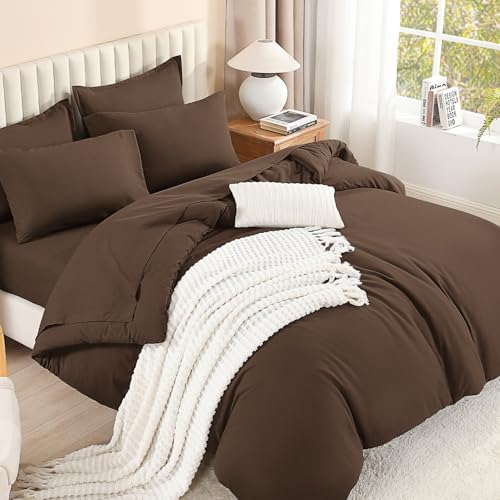 Litanika Brown California King Comforter with Sheets - 7 Pcs Bed in a Bag - Fluffy Lightweight Soft Warm Down Alternative Solid All Season Bedding Set