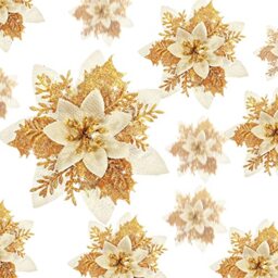 Geosar 24 Pcs Glitter Poinsettia Flowers with Clips, Gold