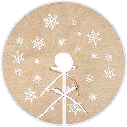 Tatuo Christmas Tree Skirt White Snowflake Printed Burlap Tree Skirts Tree Base Cover for Christmas Xmas Holiday Decorations (80cm)