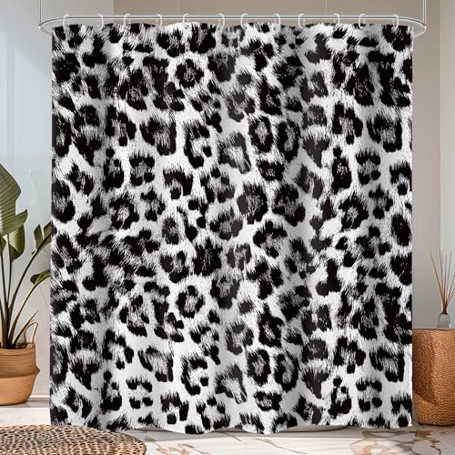 Black White Leopard Print Shower Curtain Set 60x72 Bathroom Decor 60Wx72H - Powerful Cheetah Panthera Fur Wild Safari Skin Pattern Gray Bathroom Curtain Set Waterproof Polyester Fabric with Hooks