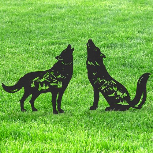 LIRAVENO Wolf Garden Stakes Decorations - 2 Pcs Metal Howling Animals Silhouette Outdoor Statues Black Decorative Yard Sculpture Gifts Art Personalized Outside Decors for Patios Lawn Pathway Backyard