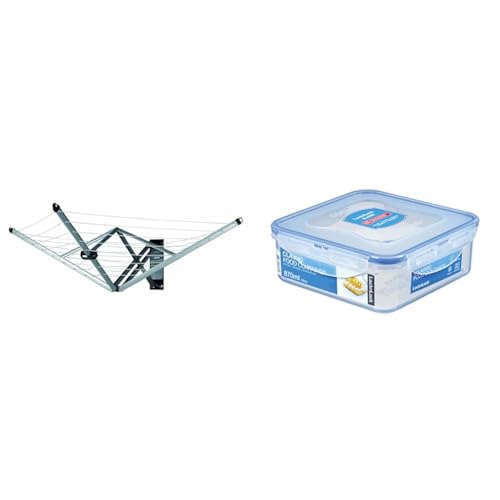 Brabantia WallFix Retractable Washing Line with Protective Fabric Cover (24m) Wall-Mounted Foldaway Clothes Air Dryer (Silver) & Lock n Lock Square 870ml (155 x 155 x 60mm), Clear/Blue