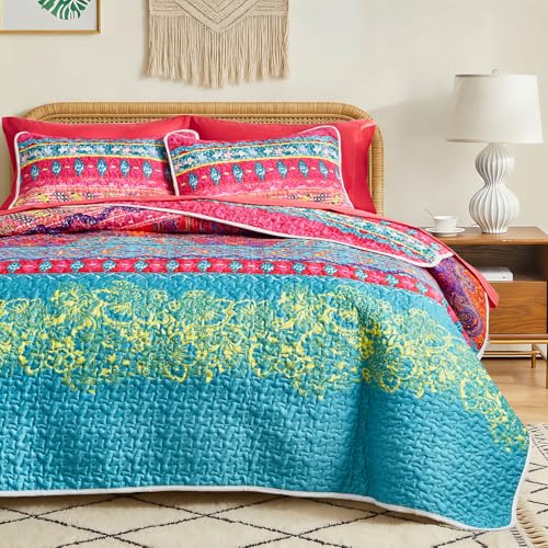 Flysheep 2 Pieces Colorful Boho Quilt Set Twin Size, Bohemian Striped Pink n Teal Printed Bedding Bedspread Coverlet Set for Summer, Soft Lightweight Microfiber Quilt with 1 Sham (68x86 inces)