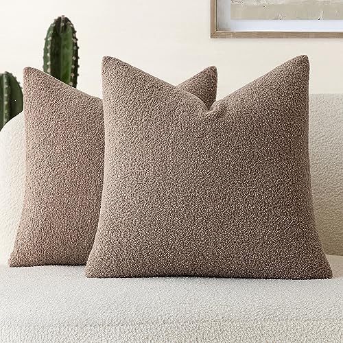 Foindtower Pack of 2, Curly Faux Fur Decorative Throw Pillow Covers Soft Fuzzy Plush Cushion Case with Zipper Cozy Pillowcase for Home Living Room Couch Bed Sofa 16 x 16 Inch, Chocolate