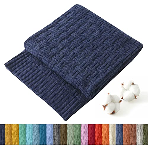 TREELY 100% Cotton Knitted Throw Blanket 50 x 60 Inches, Navy - Couch Cover Blanket, Decorative for Couch, Bed & Sofa