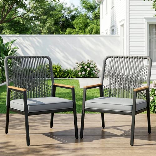 Clevich Set of 2 Rattan Garden Chairs, Rattan Metal Balcony Chairs with 8 cm Thick Cushion, Metal Frame and WPC Armrests, for Terrace, Garden and Porch