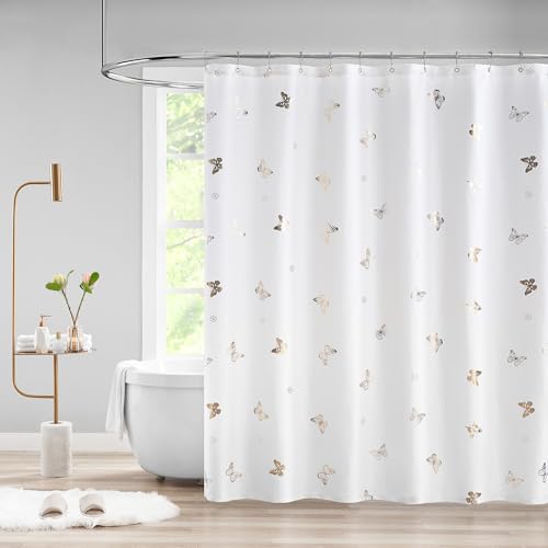 Jubilantex White Gold Butterfly Shower Curtain for Bathroom Farmhouse Waterproof Bathroom Decorative Rustic Kids Shower Curtain with 12 Rust Proof Grommets for Spa Hotel, 70x76 Inches