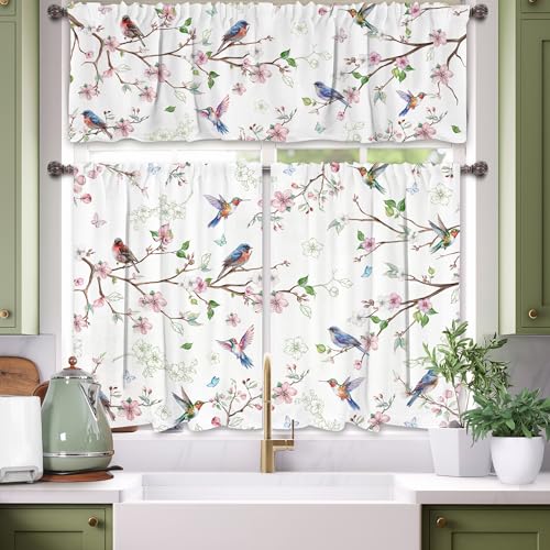 "cusugbaso Spring Kitchen Curtains and Valances Set 3 PCS for Window, Floral Bird Spring Kitchen Decor for Bahtroom, Home - Laundry Farmhouse Short Curtains 54"" w x 18"" L and 27"" w x 36???L"
