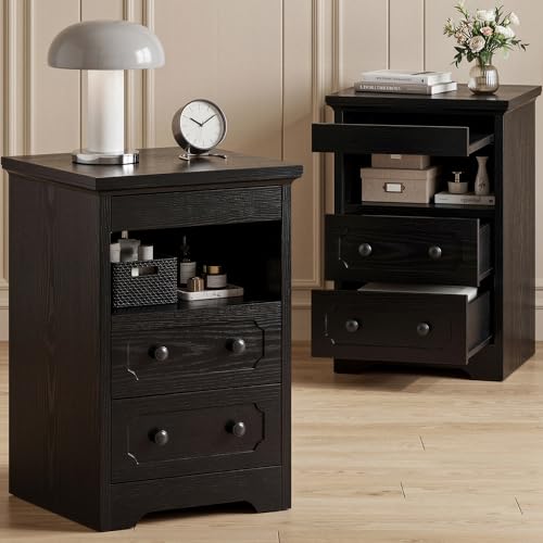 IRONCK Bedside Table Set of 2, Modern Nightstand with 2 Drawers, Open Shelf, End Table with Pull-Out Tray for Bedroom, Living Room, Black