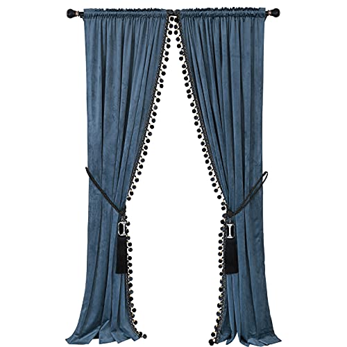 Luxury Pom Poms Curtain for Living Room Blackout Velvet 2 Panels Curtains Set Luxury Tassel Bedroom Curtains(Grey-Blue, (50W×84L)×2)
