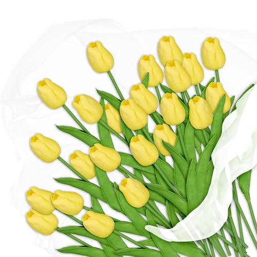 Relaxdays Artificial Tulips, 24 Realistic Plastic Flowers, Faux Blooms, Fake Bouquet, Approx. 33.5 cm Tall, Yellow/Green