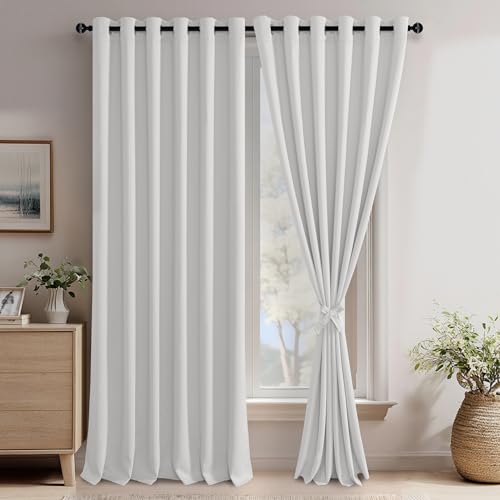 JIUZHEN Greyish White Blackout Curtains with Tiebacks Thermal Insulated, Light Blocking and Noise Reducing Grommet Curtains for and Living Room, Set of 2 Window Curtain Panels, 70 x 96 Inch Length