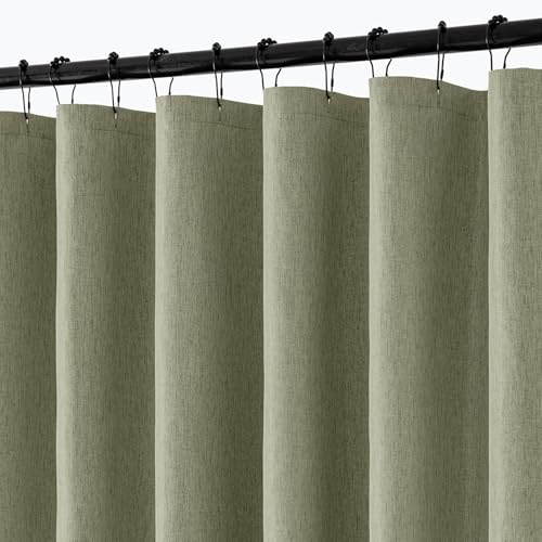 "ANRODUO Olive Green Linen Textured Fabric Shower Curtain Set - 72""x74"" with 12 Rust Resistant Durable Metal Hooks, Waterproof & Heavy Duty Polyester, Button Hole Design, Machine Washable for Bathroom"