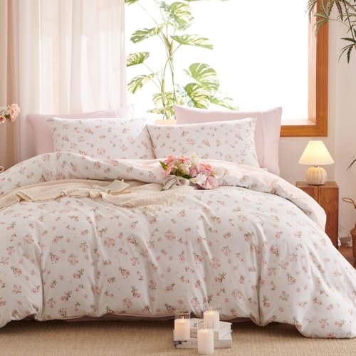 Erwinmu Floral Comforter Set Twin Size - 2 Pieces Pink White Floral Comforter Bedding Sets Reversible Pattern,Twin Bed in a Bag with Flowers Comforter and 1 Pillowcase