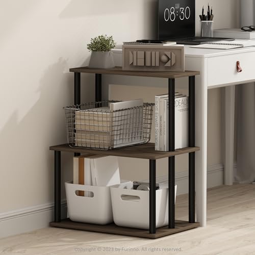 Furinno TURN-N-TUBE Printer Stand, 3-Tier Printer Table with with Storage Shelf, Open Frame Standing Shelf, for CPU, Office Supplies, Home Office, Columbia Walnut