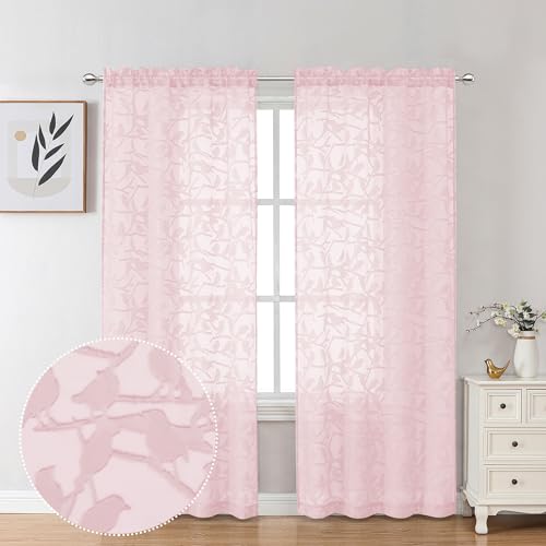 OVZME Anji Textured Blush Sheer Curtain 72 inch Length 2 Panels Set, Elegant Farmhouse Semi Sheer Dining Curtains for Living Room, Dual Rod Pocket, W38 x L72