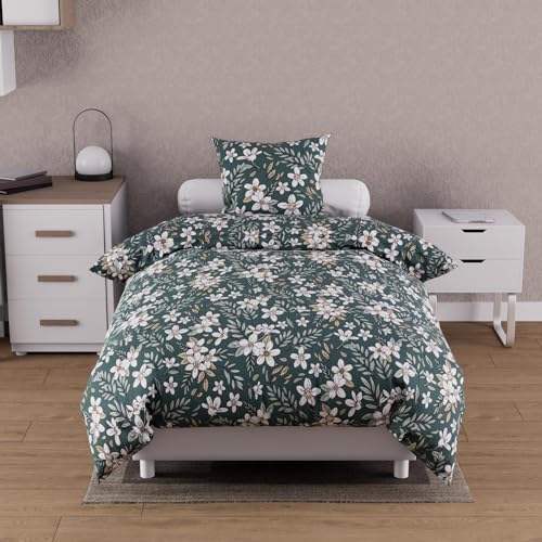 Soleil d'ocre, Manon Cotton Duvet Cover Set 57 Thread Count 140 x 200 cm Green