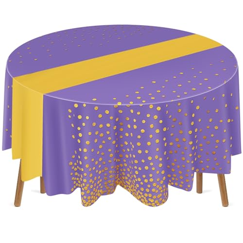 Newwiee 84 Inch Polka Dot Round Disposable Tablecloths Plastic Tablecover Plastic Tablecloth with Runner Printed for Prom Graduation Wedding Spring Birthday Party(Purple, Gold,3 Pcs)