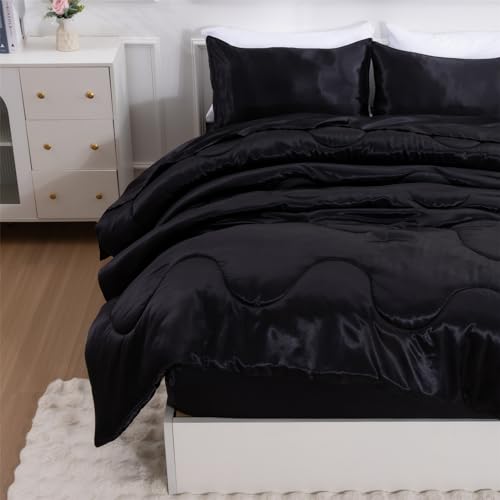 A Nice Night Satin Silky Soft Quilt Luxury Super Soft Microfiber Bedding Comforter Set, Light Weighted (Black, Twin(68-by-88-inches))