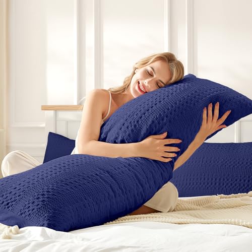 Mosluna 100% Cotton Waffle Weave Body Pillow Pillowcase, Breathable & Skin-Friendly Body Pillow Cover, Ultra Soft Body Pillows Case, 20 x 54 1 Pack Without Insert, Blue