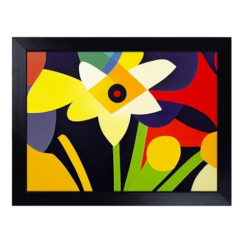 Lap Tray with Bean Bag Cushion, Abstract Daffodil Flowers - Handmade in the UK, Raised Wooden Edge, Padded Cushion, Heat-Resistant Wipe-Clean Surface, for Meals, Laptops and Crafts