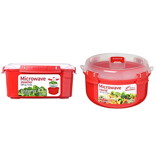 Sistema Microwave Large Steamer with Removable Steamer Basket, 3.2 L - Red/Clear & Microwave Round Container, 915 ml - Red/Clear